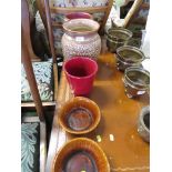 DENBY STONEWARE VASE, TWO OTHER CHINA VASES AND TWO POTTERY BOWLS.