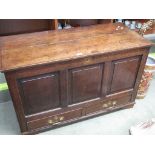 EARLY VICTORIAN OAK THREE-PANEL MULE CHEST WITH TWO DRAWERS BENEATH AND BRASS SWAN NECK HANDLES