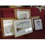 FRAMED AND GLAZED PICTURE AND PRINTS INCLUDING WATERCOLOUR LANDSCAPE AND PRINTS OF BIRDS.
