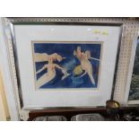 FRAMED AND GLAZED LIMITED EDITION COLOURED PRINT SIGNED AND DATED FREDDIE 76