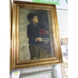 OIL ON CANVAS OF BEGGAR BOY WITH VIOLIN IN A GILT FRAME. INDISTINCT SIGNATURE TO LOWER RIGHT.