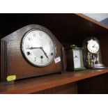 CHIMING MANTLE CLOCK IN OAK CASE, QUARTZ CARRIAGE CLOCK AND GLASS DOMED MANTLE CLOCK