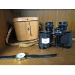 PAIR OF VESPER 8X30 BINOCULARS WITH LEATHER CASE AND TIMEX WRISTWATCH.