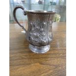 SMALL VICTORIAN SILVER BALUSTER MUG WITH REPOUSSE FOLIAGE AND ENGRAVED WITH INITIALS, HEIGHT TO