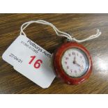 AN 800 WHITE METAL AND RED GUILLOCHE ENAMEL FOB WATCH, WHITE ENAMEL DIAL WITH ARABIC NUMERALS, CROWN