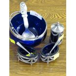 A BLUE GLASS SUGAR BOWL WITH 830S WHITE METAL MOUNTS, A HAANDSMEDET CADDY SPOON WITH DECORATIVE