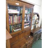 ERCOL MID ELM ILLUMINATED LOUNGE DRESSER WITH TWO GLAZED DOORS AND FALL FRONT TO TOP, THE BASE
