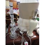 PAIR OF CLEAR ACRYLIC AND CHROME TABLE LAMPS, ONE OTHER CLEAR ACRYLIC TABLE LAMP, AND A CERAMIC