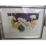 FRAMED AND GLAZED ABSTRACT PRINT SIGNED IN PENCIL.