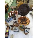 TREEN WARE INCLUDING TABLE LAMP (NEEDS REWIRING), MINIATURE TABLE AND STOOL, ORNAMENTS TOGETHER WITH