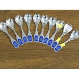 TEN W & S SORENSEN STERLING DENMARK DESSERT SPOONS WITH BLUE ENAMEL TERMINALS WITH INTERLINKED