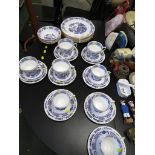 QUANTITY OF DUCHESS WILLOW PATTERNED CHINA INCLUDING CUPS, SAUCERS, DINNER PLATES AND BOWLS.