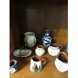 DEVONSHIRE POTTERY JUGS, POTTERY VASE AND SELECTION OF MOTTO WARE (AF)