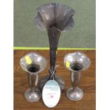 LONDON SILVER TRUMPET STEM VASE WITH FILLED BASE (HEIGHT 29CM), AND A PAIR OF WALKER & HALL SILVER