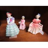 THREE ROYAL DOULTON FIGURINES OF GIRLS, TINKLE BELL, MAISIE HN1618 AND SWEETING. (AF)