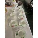 ADDERLEY FOLIATE PATTERNED COFFEE POT, MILK JUG, SUGAR BOWL AND SIX CUPS AND SAUCERS.