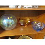 AMBER STUDIO GLASS BOWL, BLUE STUDIO GLASS BOWL, TOGETHER WITH GLASS FISH BOWL WITH OPALESCENT