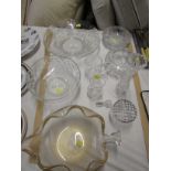 A PAIR OF CUT GLASS BOWLS, A GLASS LEAF SERVING BOWL AND OTHER GLASSWARE .