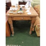 STRIPPED PINE SMALL KITCHEN TABLE WITH SINGLE DRAWER.