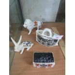 FOUR PIECES OF CRESTED CHINA INCLUDING HARE AND LION MINE CART AND SIDMOUTH BAG.