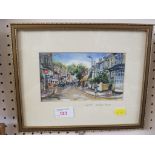 SMALL FRAMED AND GLAZED WATERCOLOUR OF FORE STREET SHALDON DEVON, SIGNED R AKERMAN LOWER LEFT.