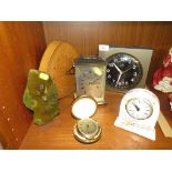 SELECTION OF QUARTZ WALL AND MANTEL CLOCKS TOGETHER WITH WIND UP TRAVEL CLOCK.