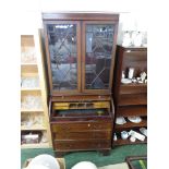 19TH CENTURY BANDED MAHOGANY BOXWOOD STRUNG BUREAU BOOKCASE WITH TWO GLAZED DOORS TO TOP AND ROLL