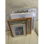 FRAMED NEEDLE WORK, BOXED COMMEMORATIVE NEWSPAPER AND FRAMED PICTURES.