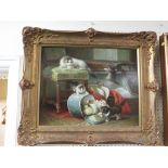 A FINE MODERN OIL ON BOARD OF CATS AND KITTENS AT PLAY WITH A HAT BOX, IN A GILT EFFECT FRAME