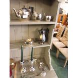 SILVER-PLATED TEA AND COFFEE WARE, CANDLE HOLDERS, TEA STRAINER AND OTHER DINING WARE