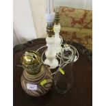 TWO WHITE MARBLE TABLE LAMP BASES, AND A POTTERY OIL LAMP BASE WITH GLASS CHIMNEY .