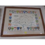 FRAMED AND GLAZED REPRODUCTION MAP OF DORSET WITH COAST OF ARMS.