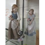 TWO NAO PORCELAIN FIGURINES OF GIRLS, ONE WITH FLOWERS AND ONE WITH PUPPY.