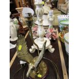 A PAIR OF FLORAL ENCRUSTED TABLE LAMPS, ONE OTHER TABLE LAMP AND SOME SHADES. (THREE NEED RE-