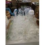 GLASS VASES, GLASS ROLLING PIN, ROSE BOWL, TUMBLERS, WINE GLASSES AND OTHER ASSORTED GLASS WARE.