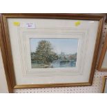 FRAMED AND MOUNTED WATERCOLOUR OF THAMES RIVER SIDE SCENE WITH WINDSOR CASTLE IN BACKGROUND . SIGNED