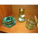 THREE ITEMS OF STUDIO GLASS - TWO GREEN VASES AND A TURQUOISE ASH TRAY.