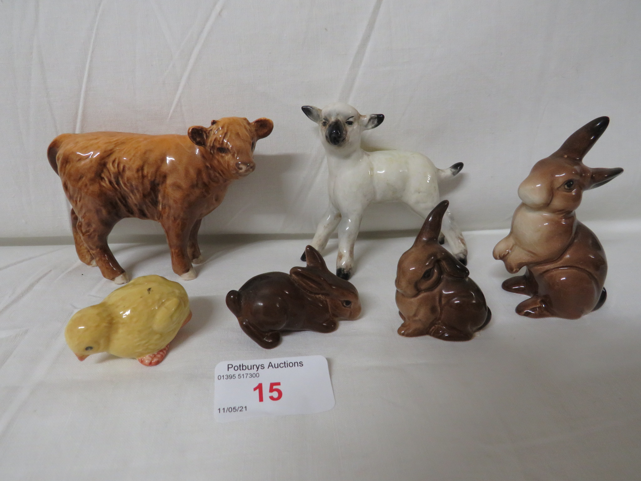 SIX SMALL CHINA ANIMAL FIGURINES, INCLUDING HIGHLAND COW, CALF, LAMB, CHICK AND RABBITS, SOME MARKED