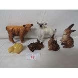 SIX SMALL CHINA ANIMAL FIGURINES, INCLUDING HIGHLAND COW, CALF, LAMB, CHICK AND RABBITS, SOME MARKED