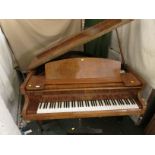 CHALLEN MAHOGANY AND WALNUT VENEER BABY GRAND PIANO (IN BACK SALE ROOM, PLEASE ASK TO VIEW)