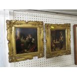 TWO PAINTINGS ON TIN OF INTERIOR SCENES WITH FIGURES IN 17TH CENTURY COSTUME, IN GILT FRAMES