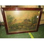 FRAMED AND GLAZED COLOURED PRINT OF CATTLE IN RIVER WITH CASTLE BEYOND.