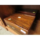 ROSEWOOD VENEER JEWELLERY BOX WITH COMPARTMENTED INTERIOR TOGETHER WITH ONE OTHER MAHOGANY LIFT