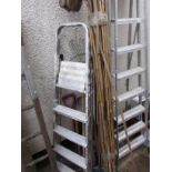 GARDEN HAND TOOLS, FOUR TREAD STEPLADDER, BAMBOO CANES ETC