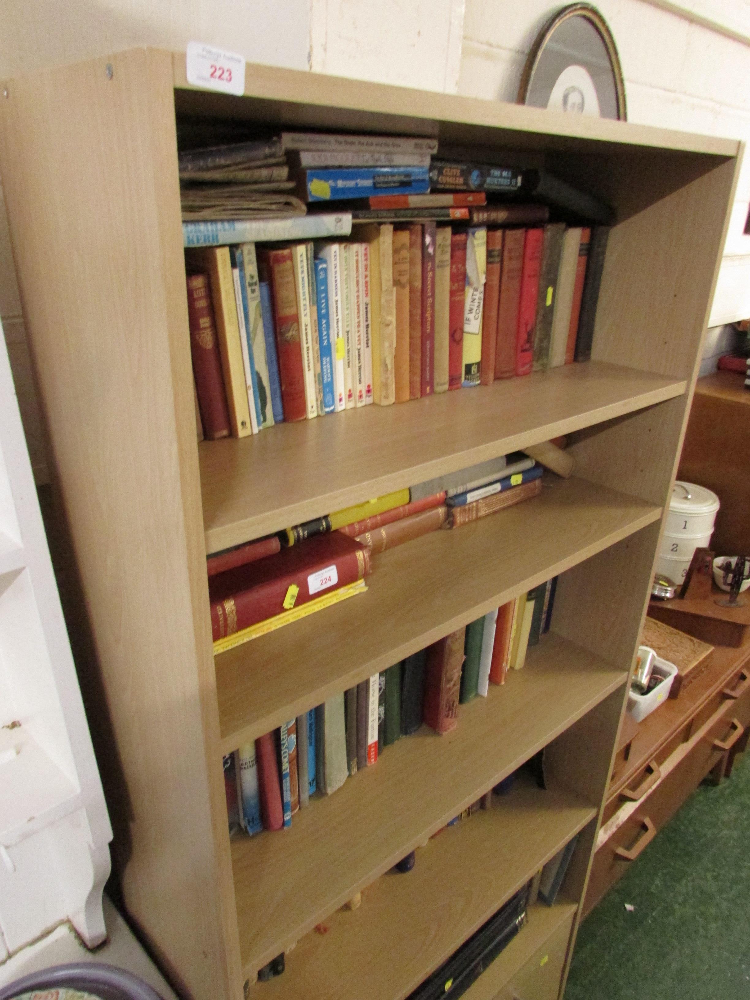 WOOD EFFECT OPEN BOOK CASE WITH TWO DRAWERS TO ITS BASE.