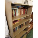 WOOD EFFECT OPEN BOOK CASE WITH TWO DRAWERS TO ITS BASE.