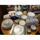 MIXED HOME WARE INCLUDING WHITE DINING CHINA , FOUR TABLE LAMPS , WALL CLOCK AND OTHER ITEMS.