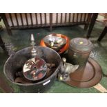 MIXED METAL WARE INCLUDING PRESERVING PANS , COPPER PLATTER , BRASS DUCKS, AND OTHER ITEMS.