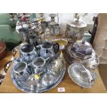 PAIR OF THREE-BRANCH CANDLE HOLDERS, OTHER SILVER-PLATED WARE, TWO PEWTER TANKARDS, AND A SWAN BRAND