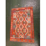 SMALL MULTI-COLOURED GEOMETRIC PATTERNED CHOBI KILIM WOVEN FLOOR RUG. 114 BY 79 CMS.